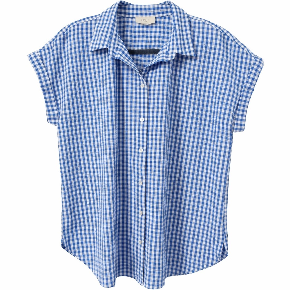 LOFT Outlet Blue Gingham Check Short Sleeve Button Front Blouse Women’s Size L